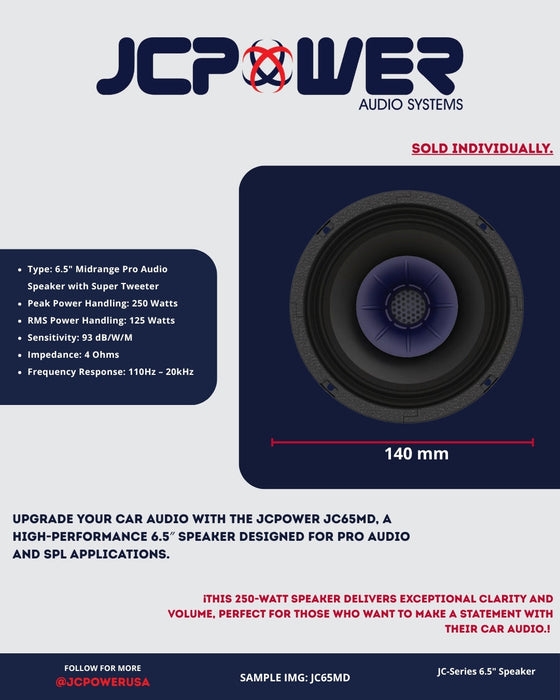 JCPower JC65MD 6.5″ 250 Watt 4 Ohms Pro Car Audio Coaxial Loudspeaker (Each)