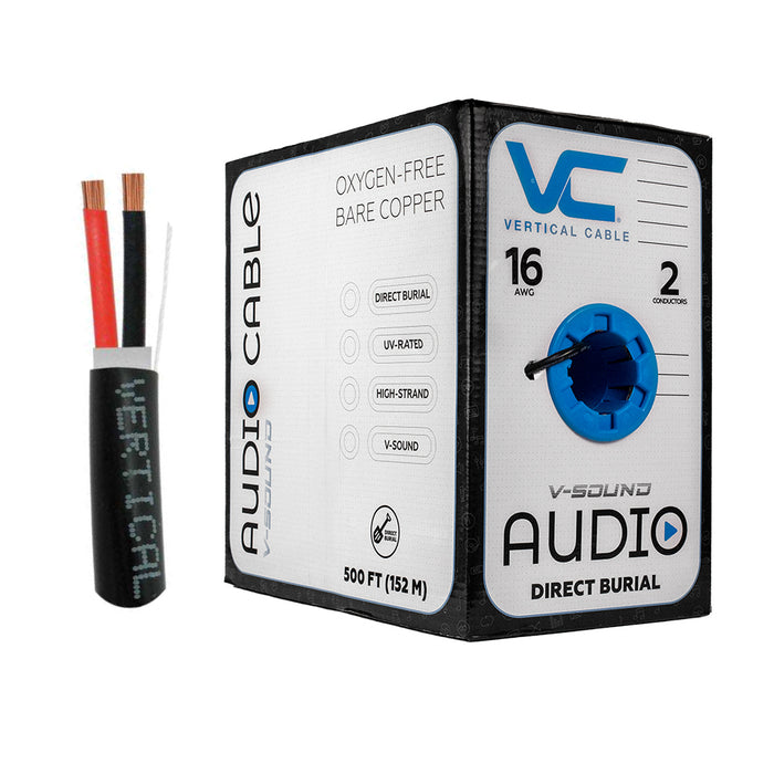 Vertical Cable 16/2 Outdoor Speaker Wire, 500 Ft 65 Strand UV Rated Jacket, Direct Burial Pull Box, Copper