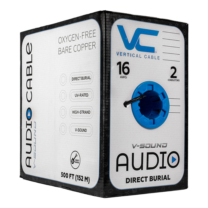 Vertical Cable 16/2 Outdoor Speaker Wire, 500 Ft 65 Strand UV Rated Jacket, Direct Burial Pull Box, Copper