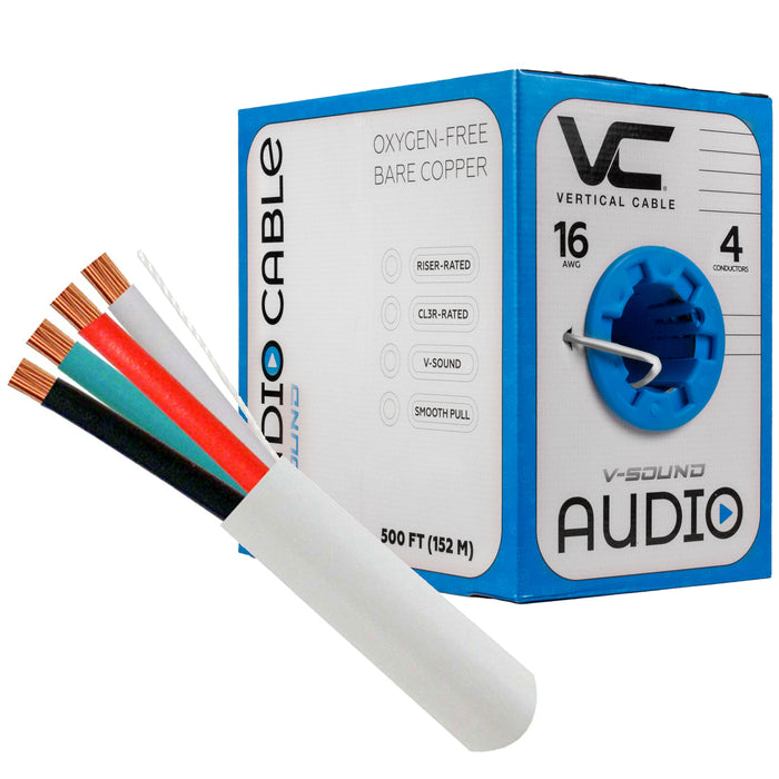 Vertical Cable 16/4 Speaker Wire 500 Feet 65 Strand White PVC Jacket Bare Copper CL3 Pull Box White