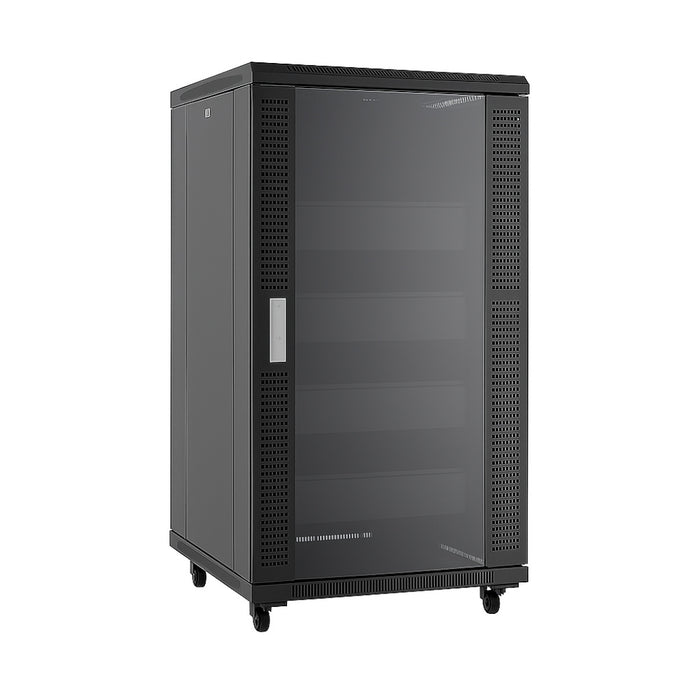 22U Server Rack Cabinet 47" Glass and Metal Front/Rear Doors Shelves with Casters, Network Enclosure