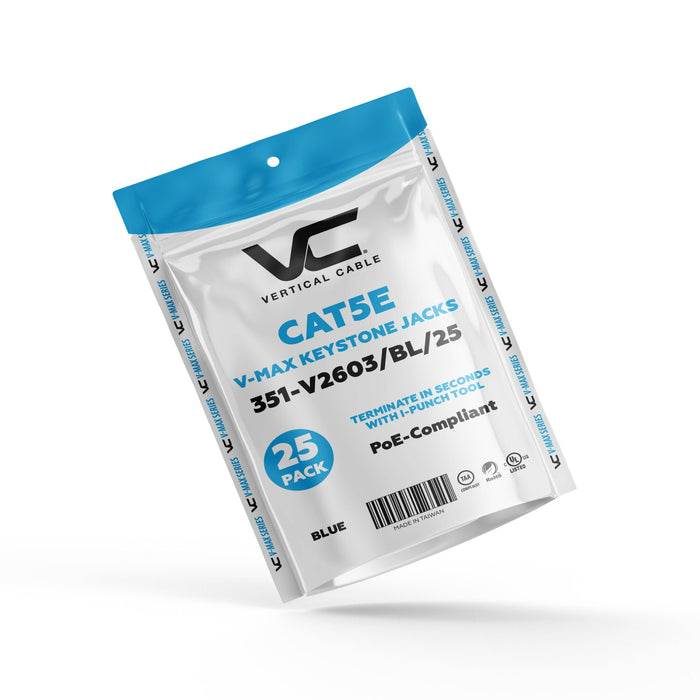 Vertical Cable 351-V2603/BL/25 CAT6 RJ45 Keystone Jack V-Max 351 Series Unshielded - Blue (25 pack)