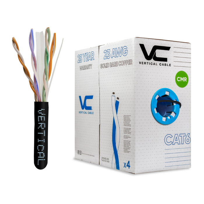 1000ft Bulk CAT6 23AWG UTP 8C CMR Bare Copper Unshielded 550MHz Ethernet Cable - Black