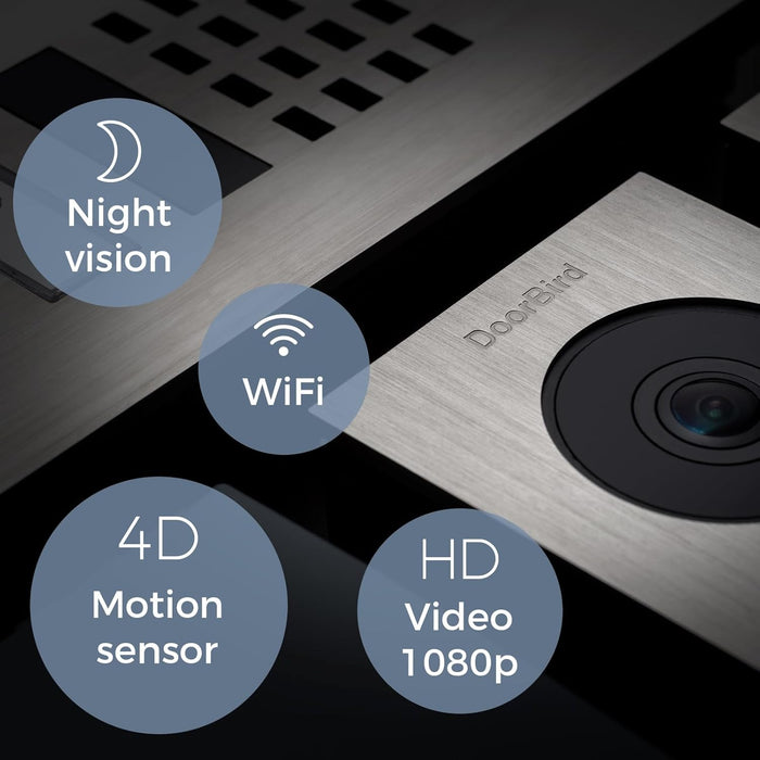 DoorBird D1101KV Surface-Mount IP Video Intercom 1080p Ultra‑Wide Camera Night Vision 4D Motion Sensor PoE LAN 1 Call Button - Stainless Steel