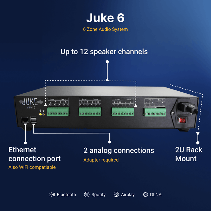 Juke Audio Juke-6 Audio Amplifier 6 Zone Wireless Audio System Compatible with Airplay 2, Bluetooth