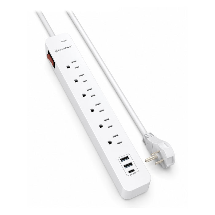 6-Outlet Surge Protector Power Strip 6FT Cord with 2 USB-A & USB-C Charging Ports 1875J