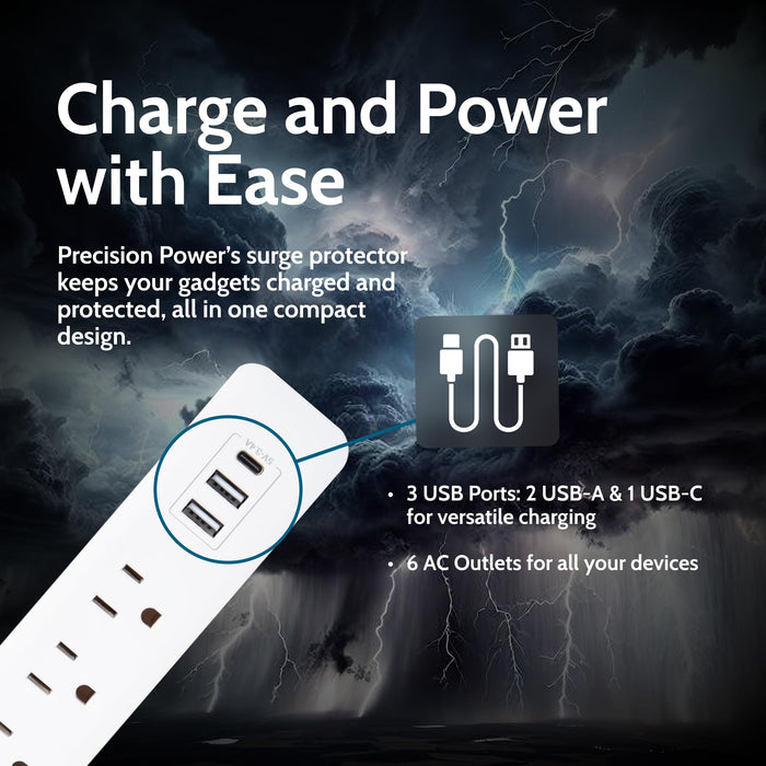 6-Outlet Surge Protector Power Strip 6FT Cord with 2 USB-A & USB-C Charging Ports 1875J