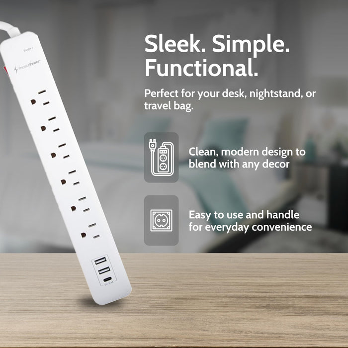 6-Outlet Surge Protector Power Strip 6FT Cord with 2 USB-A & USB-C Charging Ports 1875J