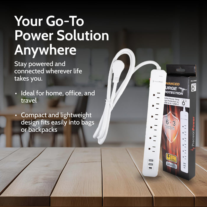 6-Outlet Surge Protector Power Strip 6FT Cord with 2 USB-A & USB-C Charging Ports 1875J