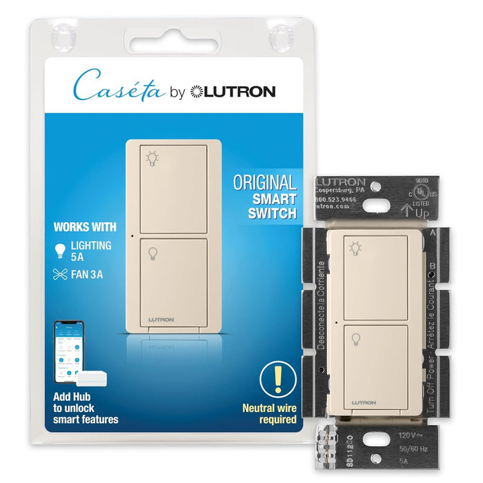 Lutron PD-6ANS-LA Caseta Wireless In-Wall Switch Original Smart Light Switch for Home, LED Lights, and Fans, 6 Amp, Single-Pole/3-Way - Light Almond
