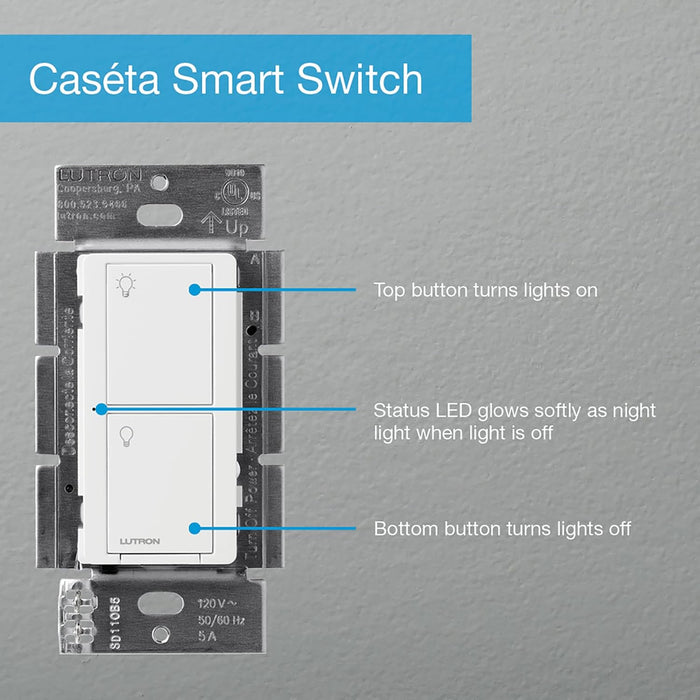Lutron PD-6ANS-LA Caseta Wireless In-Wall Switch Original Smart Light Switch for Home, LED Lights, and Fans, 6 Amp, Single-Pole/3-Way - Light Almond