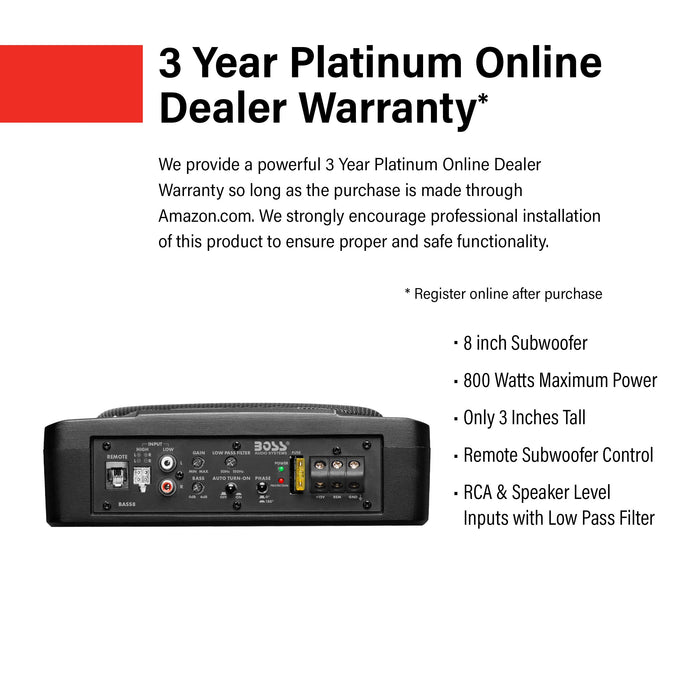 BOSS Audio BASS8 8" 800W Low Profile Under Seat Powered Car Subwoofer Built in Amplifier, Remote Control