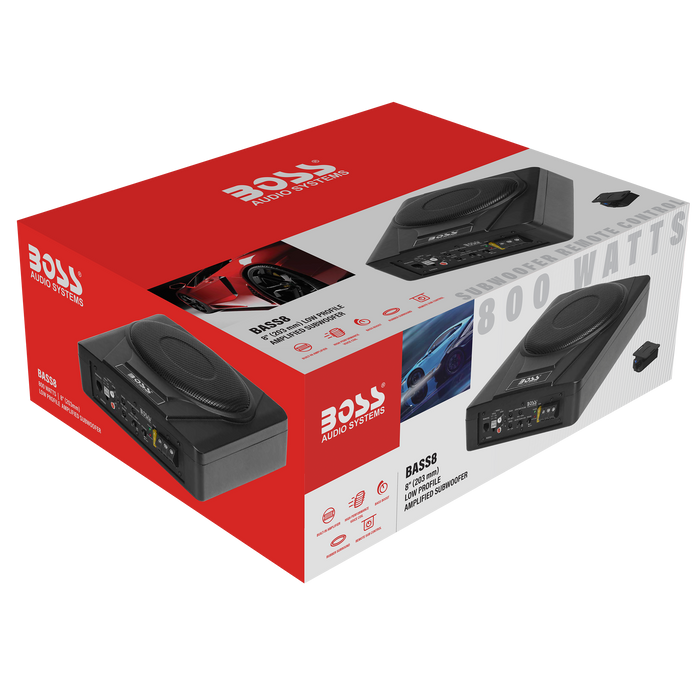 BOSS Audio BASS8 8" 800W Low Profile Under Seat Powered Car Subwoofer Built in Amplifier, Remote Control