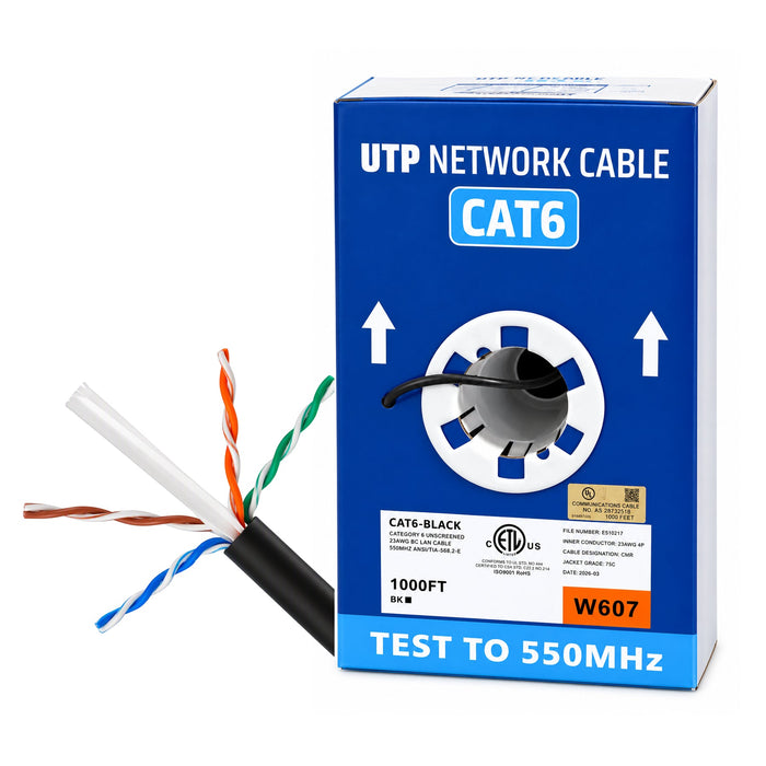 1000ft Cat6 Ethernet Cable 23AWG Solid Bare Copper CMR Rated 550MHz UTP Bulk Cable - Black