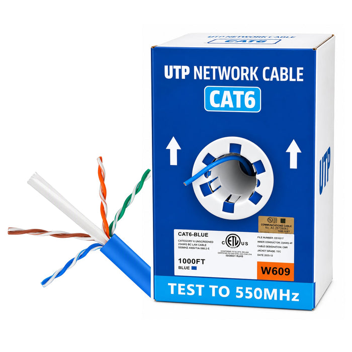 1000ft Cat6 Ethernet Cable 23AWG Solid Bare Copper CMR Rated 550MHz UTP Bulk Cable - Blue