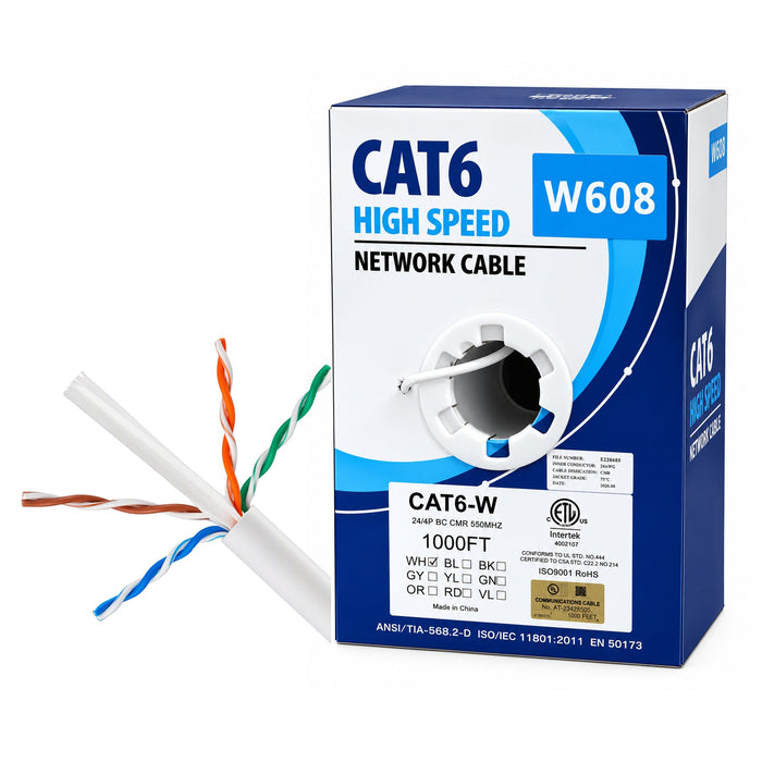 1000ft Cat6 Ethernet Cable 23AWG Solid Bare Copper CMR Rated 550MHz UTP Bulk Cable - White