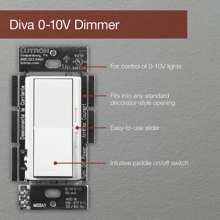 Lutron DVSTV-BL Diva 0-10V Single-Pole LED Dimmer 3-Way 8A 120-277V - Black