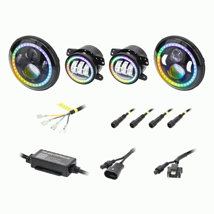 Metra JP-707RGBKT Chasing Halo LED 7" Headlights & 4" Fog Lights w/ Controller Jeep Vehicles