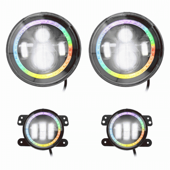 Metra JP-707RGBKT Chasing Halo LED 7" Headlights & 4" Fog Lights w/ Controller Jeep Vehicles