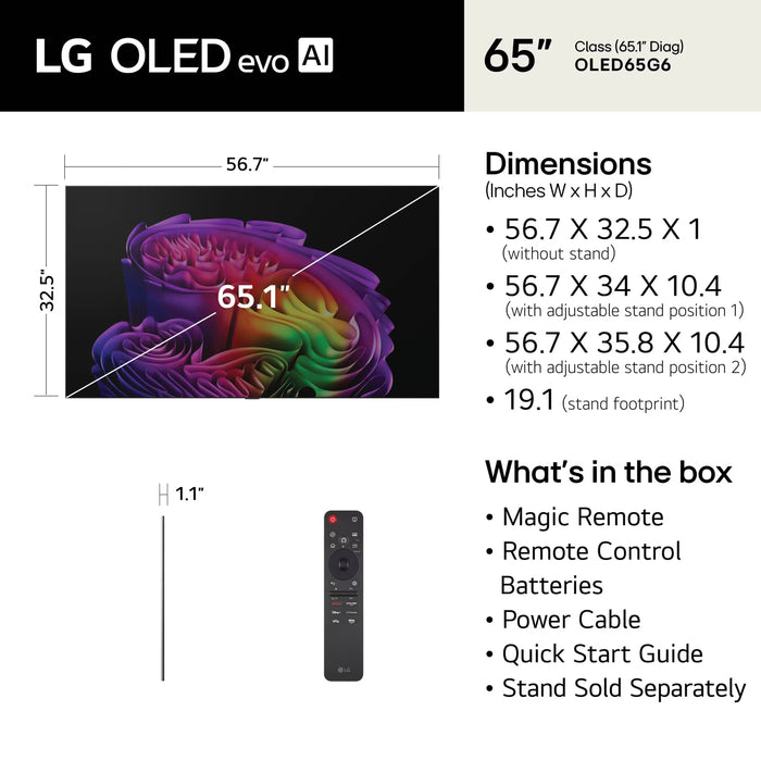 LG 65" Class OLED evo AI G6 4K Smart TV 2026 with Supplied Flush Wall Mount (OLED65G6WUA)