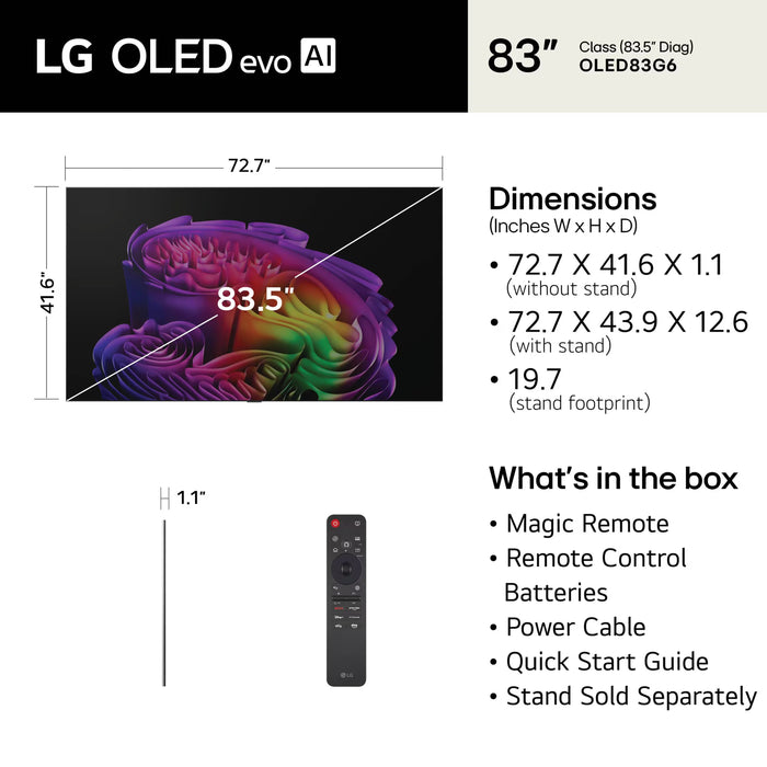 LG 83" Class OLED evo AI G6 4K Smart TV 2026 with Supplied Flush Wall Mount (OLED83G6WUA)