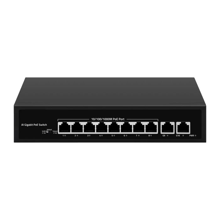 10-Port Unmanaged Gigabit PoE Switch 8x PoE Ports 2x RJ45 Uplink 60W AI Extend VLAN & PoE Watchdog