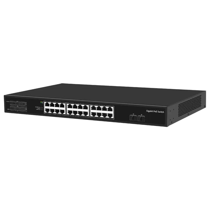 26-Port Unmanaged Gigabit PoE Switch 24x PoE Ports 2x SFP Uplink 60W Fanless Silent Design VLAN/Extend Modes