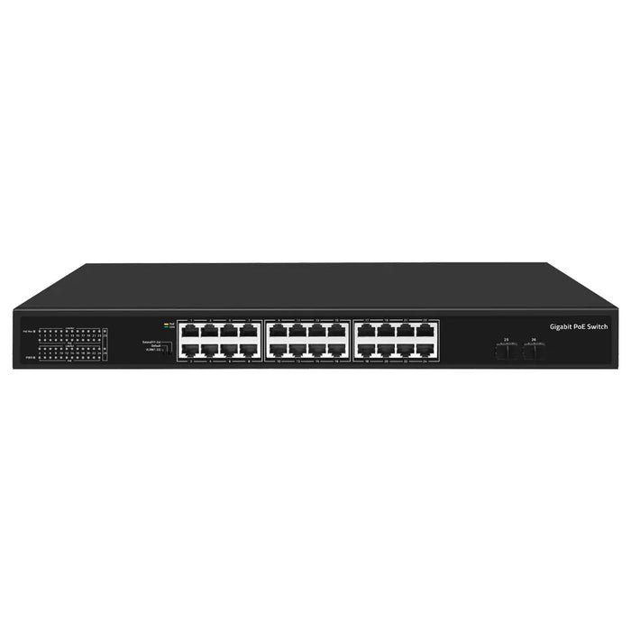 26-Port Unmanaged Gigabit PoE Switch 24x PoE Ports 2x SFP Uplink 60W Fanless Silent Design VLAN/Extend Modes