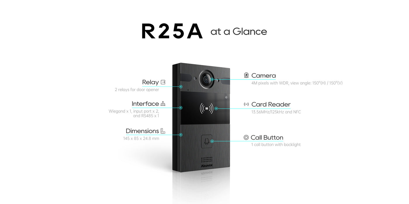 Akuvox R25A SIP Single Button 4M Pixels Camera PoE IP65 Rated Numeric Keypad Video Door Phone - Black