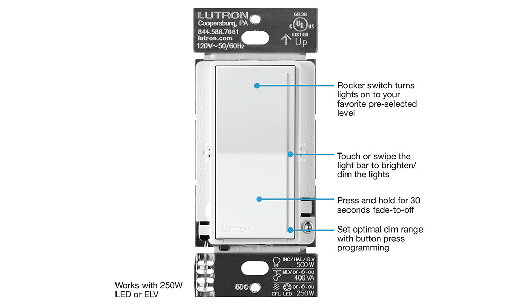 Lutron RRST-PRO-N-WH  RadioRA 3 Sunnata PRO LED+ RF Touch Dimmer - White