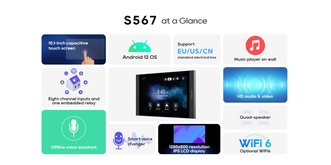 Akuvox S567A 10.1" On-Wall Mounted Android 12 OS IP Indoor Monitor with Capacitive Touch Screen, 5MP Camera, Bluetooth, Wi-Fi 6, RS485 and PoE Support