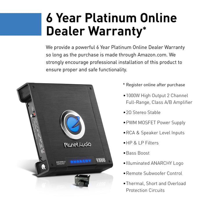 Planet Audio AC1000.2 2-Channel 1000 Watt MOSFET Power Class A/B Car Amplifier