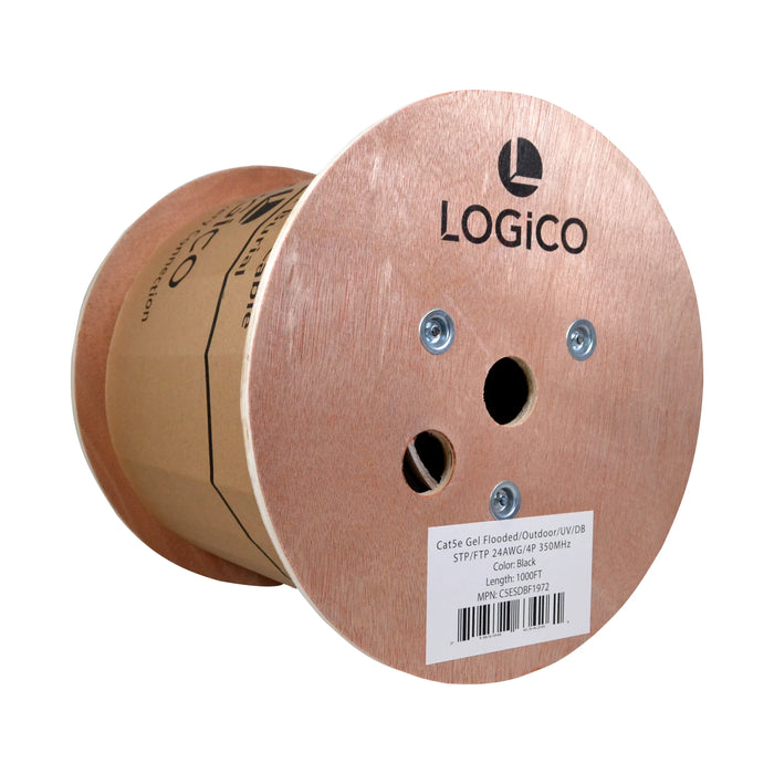 Logico Cat5e Outdoor Shielded Solid Bare Copper Gel Flooded Ethernet Network Cable 1000FT - Black Direct Burial