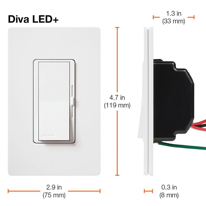 Lutron DVCL-153P-WH Diva LED+ Dimmer Switch White 150W LED 600W Incandescent Halogen 3-Way Single-Pole
