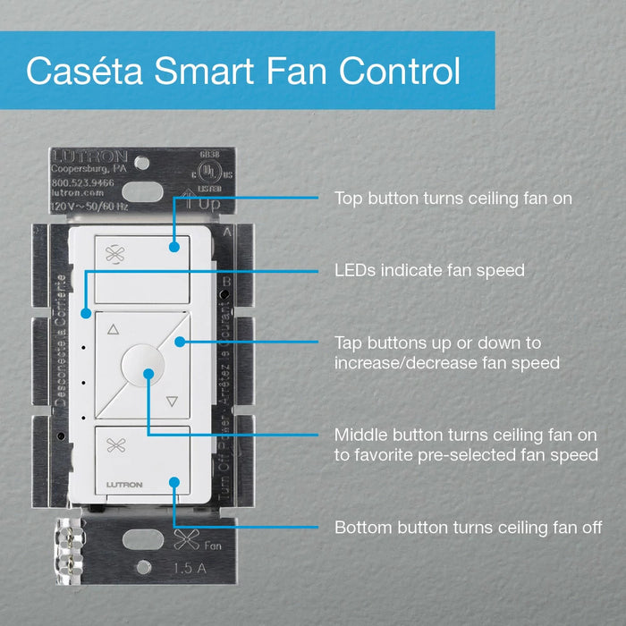Lutron PD-FSQN-WH Caseta Wireless In-Wall Smart Fan 4-Speed Control Switch, 120V, White