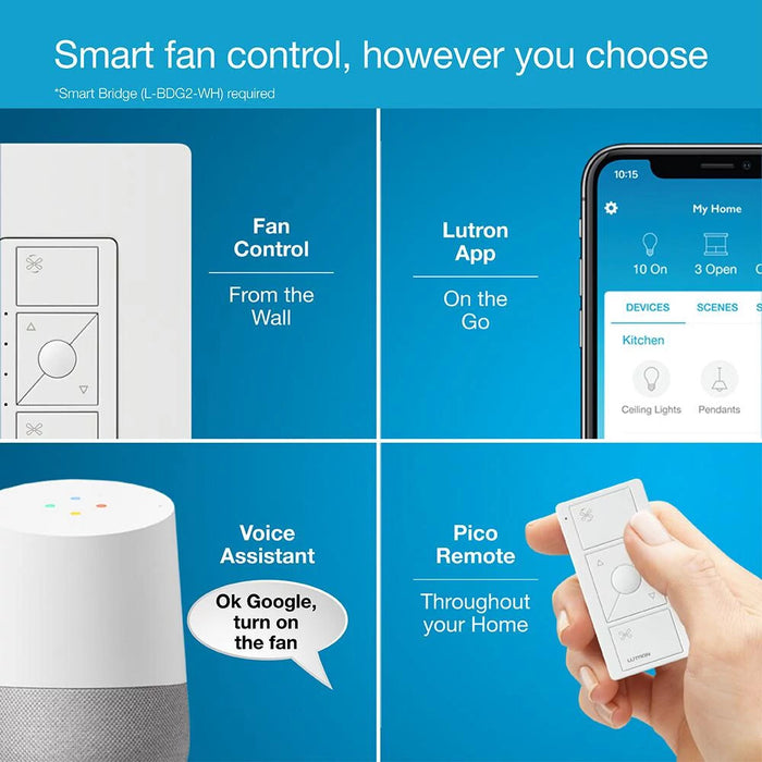 Lutron PD-FSQN-WH Caseta Wireless In-Wall Smart Fan 4-Speed Control Switch, 120V, White