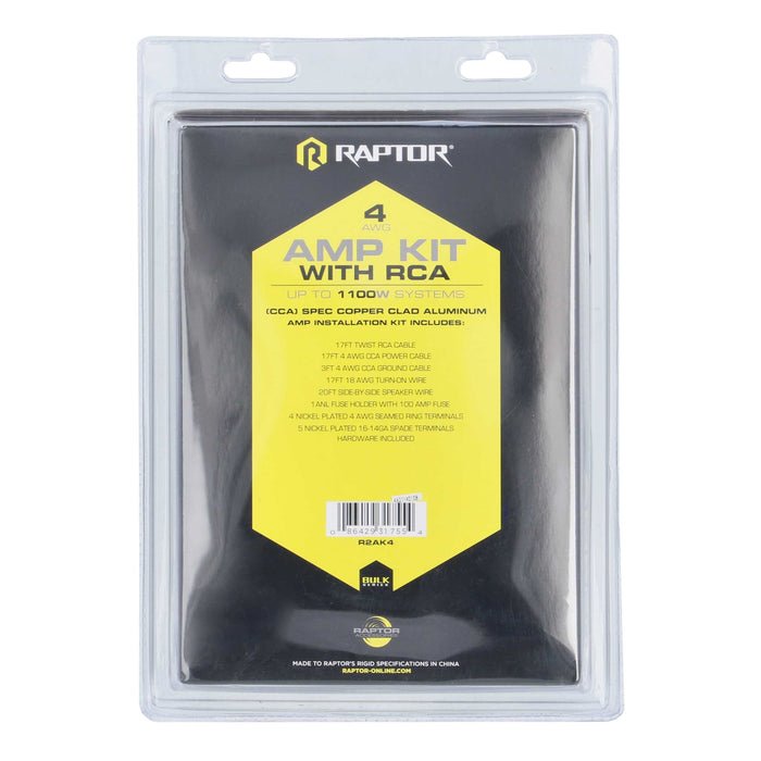 Raptor R2AK4 4 Gauge Complete Amp Kit w/ RCA for Up to 1100W Systems