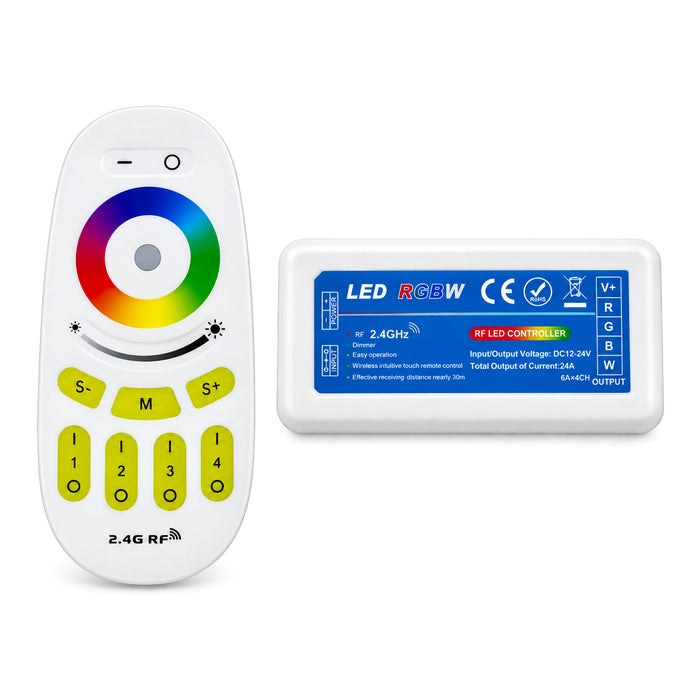 2.4GHz Wireless RF RGBW LED Controller and Receiver 4-Zone Touch Remote Control for RGB LED Strip Lights