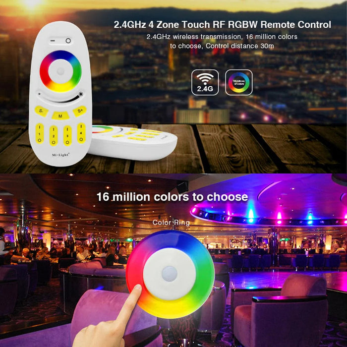 2.4GHz Wireless RF RGBW LED Controller and Receiver 4-Zone Touch Remote Control for RGB LED Strip Lights