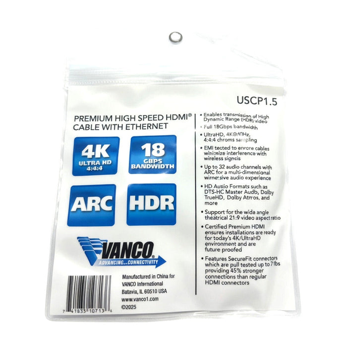 Vanco USCP1.5 1.5' Ultra Slim Certified Premium Ultra HD 18GB 4K ARC HMDI Cable