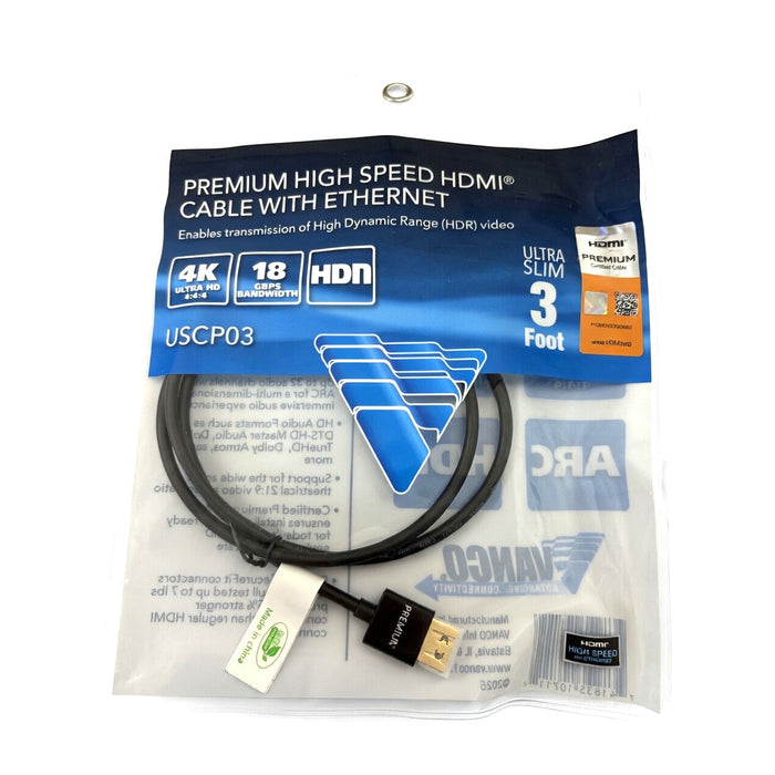 Vanco USCP03 3' Ultra Slim Certified Premium Ultra HD 18GB 4K ARC HMDI Cable