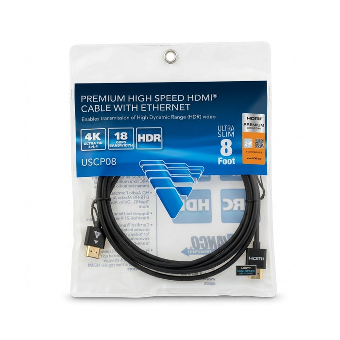 Vanco USCP08 8' Ultra Slim Certified Premium Ultra HD 18GB 4K ARC HMDI Cable 8ft