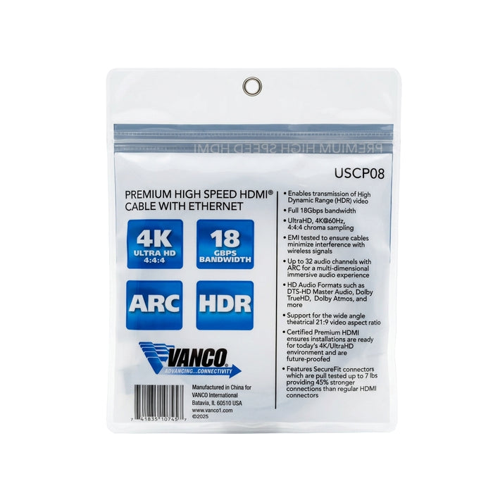 Vanco USCP08 8' Ultra Slim Certified Premium Ultra HD 18GB 4K ARC HMDI Cable 8ft