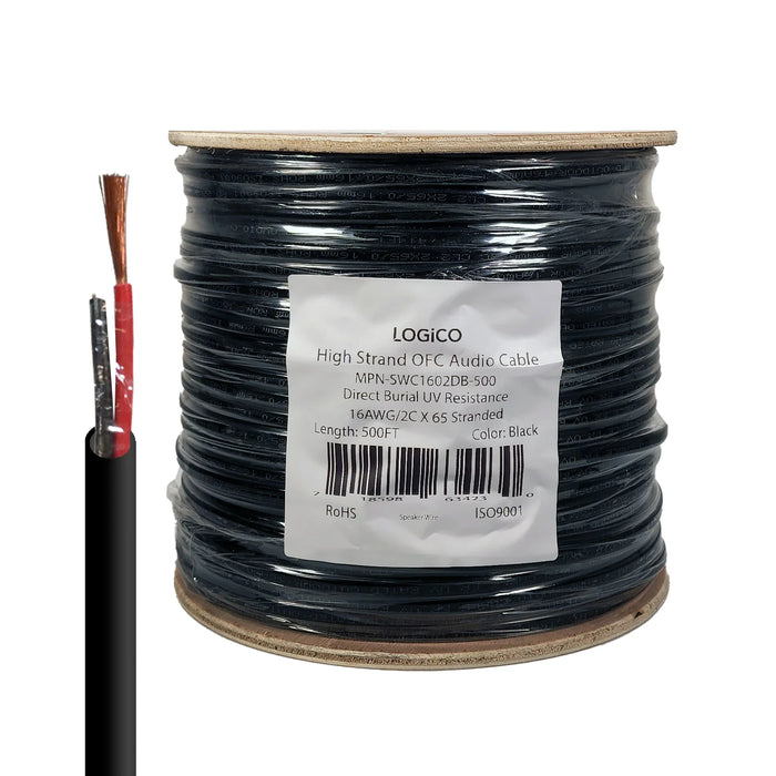 Logico SWC1602DB-500 500ft 16/2 AWG In-Wall Outdoor Direct Burial Speaker Wire Audio Cable UV Black