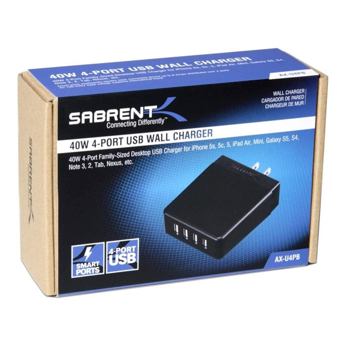 Sabrent AX-U4PB 40W / 8 Amp 4-Port Rapid Smart USB Wall Charger (2.4A/Port)