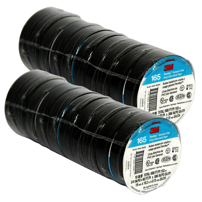 3M Temflex Vinyl Electrical Tape 165 Multi-purpose 3/4" X 60FT Black (10 Rolls)