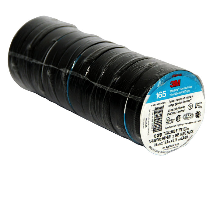 3M Temflex Vinyl Electrical Tape 165 Multi-purpose 3/4" X 60FT Black (10 Rolls)