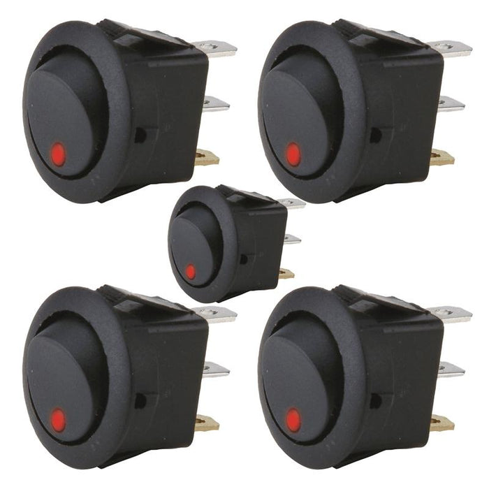 The Install Bay IBRRSR 20 Amp Round Rocker Switch with Red LED (5/pk)