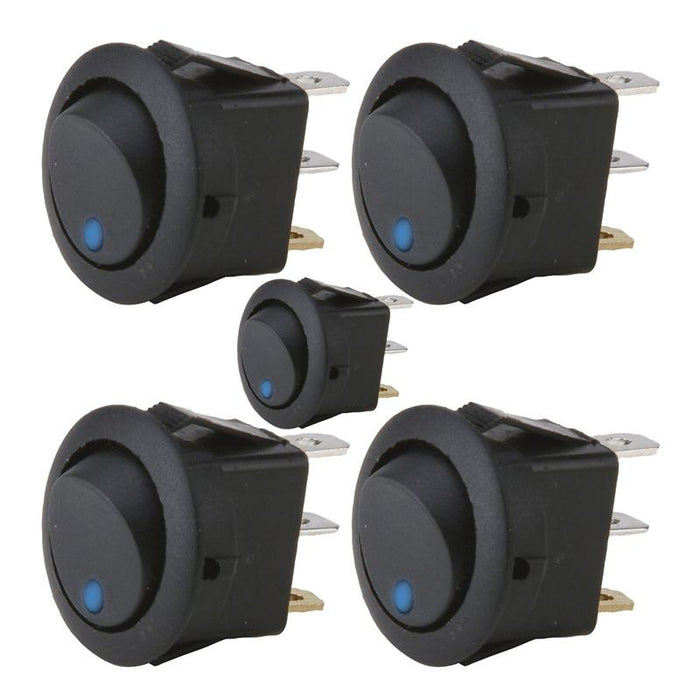 The Install Bay IBRRSB 20 Amp Round Rocker Switch with Blue LED (5/pk)