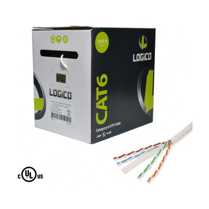 CAT6 Plenum UTP Cable 1000ft Ethernet CMP 23AWG 550MHz Copper UL White